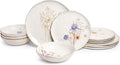 Sango 12-Piece Luxury Porcelain Dinnerware Set for 4- Glossy White Plates and Bowls Sets with Wildflower Patterns and Gold Rims Ceramic Dish Set Elegant Dishes for Everyday Dining Gansevoort
