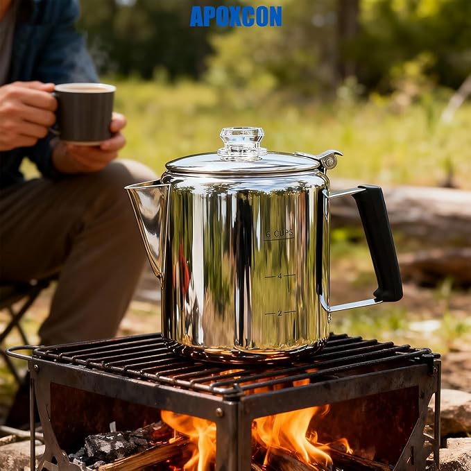 Multi Use Percolator Coffee Pot Stainless Steel Stove Top Coffee Maker with Two Tough Borosilicate Glass Knob Silica Handle Camping Coffee Pot Using on Campfire Stove &amp Induction Cooker Silver 6 C