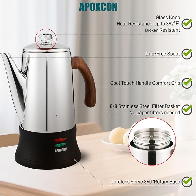 Electric Coffee Percolator Stainless Steel Coffee Maker with Two Heat Resistant Glass Knob &amp Treated Solid Wood Handle Keep Warm Cordless Serve Elegant Design Coffee Pot On/OFF Switch 8 Cup