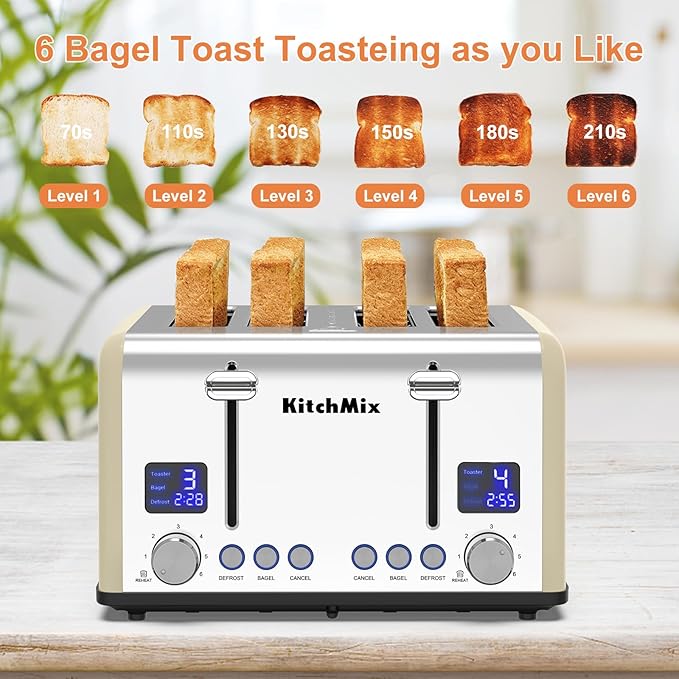 Toaster 4 Slice KitchMix Bagel Stainless Toaster with LCD Timer Extra Wide Slots Dual Screen Removal Crumb Tray (Cream)