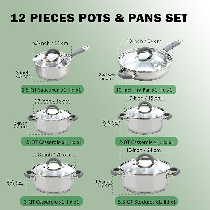 Cook N Home Stainless Steel Cookware Sets 3-Ply 12 Pcs Pots and Pans Set with Stay-Cool Handle Non-Toxic Induction-Ready Dishwasher &amp Oven Safe Combatible w/ All Cooktops