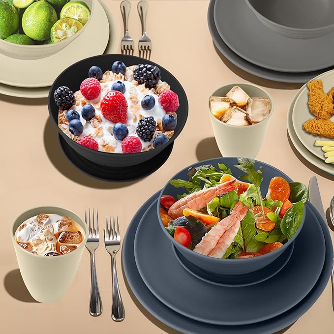 Wrova 40Pack plates and bowls sets for dinner - Unbreakable wheat straw dinnerware sets service for 8 - Alternative plastic 40pcs dish sets for campingpicnic and R.V. - (Black &amp Grey)