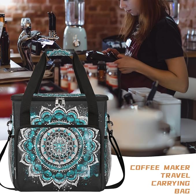 Bohemian Mandala 10 Coffee Maker Carring Bag Travel Carrying Storage Tote Bag Compatible with Keurig K-Mini or K-Mini Plus Portable Single Serve Coffee Brewer Case with Pockets for K-cup Pods