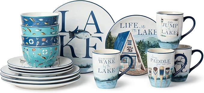 Wake at the Lake 16-Piece Dinnerware Set Includes 11-Inch Dinner Plates 9-Inch Salad Plates 14-Oz Mugs &amp 24-Oz Bowls Durable Ceramic Dishwasher &amp Microwave Safe Lakeside-Inspired Design