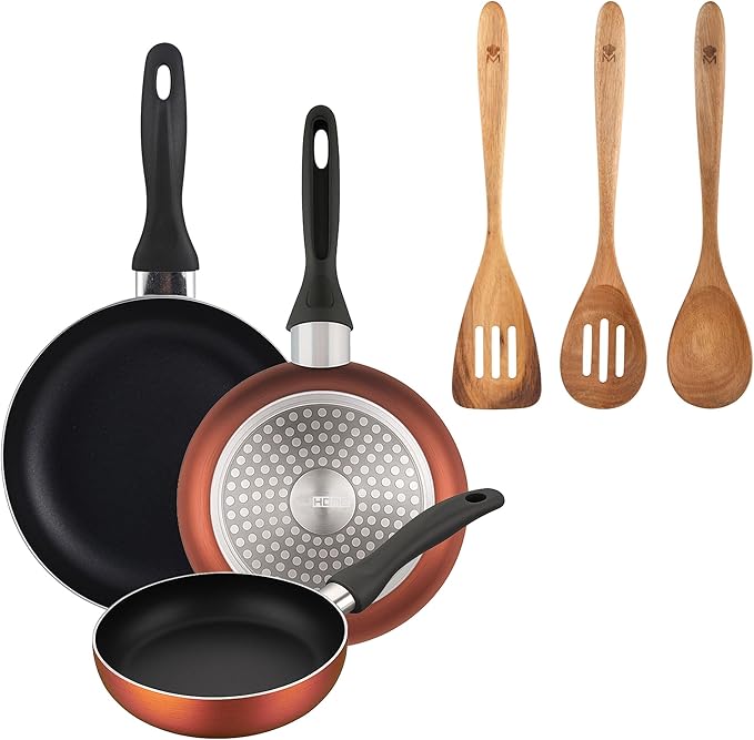 Well Home Set of 3 Pans Diameter 16 x 20 x 24 cm Made of Pressed Aluminium Copper Metallic + 3-Piece Cookware Set Acacia