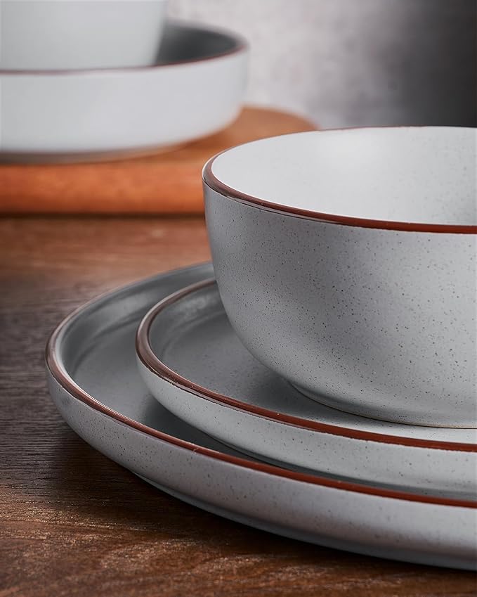 Famiware Mercury Plates and Bowls Sets 18 Pieces Stoneware Dinnerware Sets Dishes Set for 6 Microwave and Dishwasher Safe Light Grey