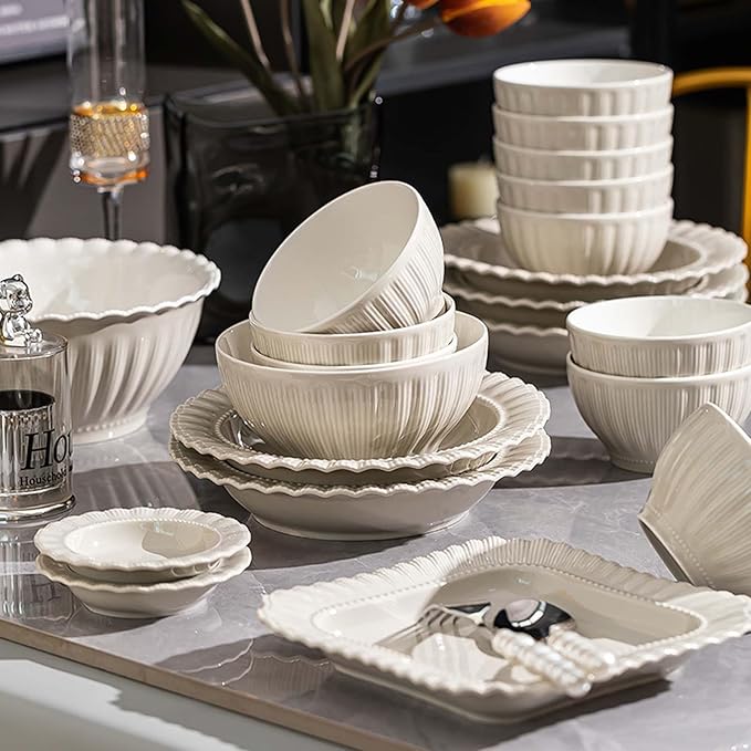 Elegant Ceramic Dinnerware Set High-Grade Gray Plates Bowls and Dishes for Family Use Complete Tableware Set Modern Design Dishwasher &amp Microwave Safe