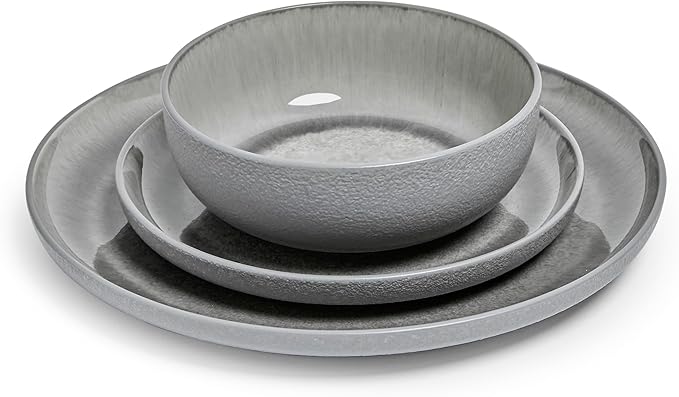 Sango Asher 12-Piece Stoneware Dinnerware Set for 4 Gray Ceramic Plates and Bowls Sets Modern Dish Set with Reactive Glaze Durable Kitchen Dishes for Casual Dining Microwave &amp Dishwasher Safe