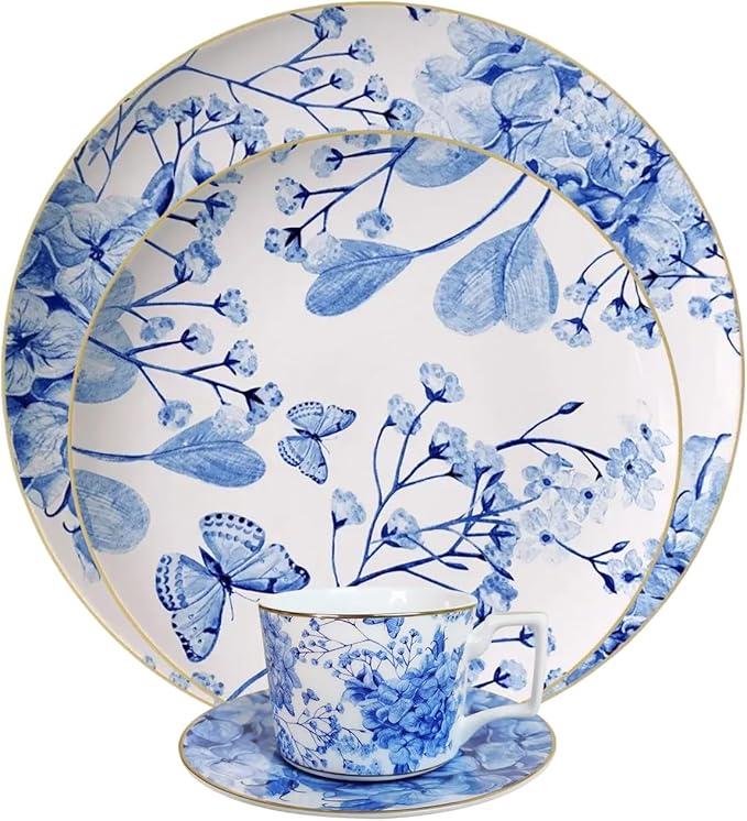 Bone China Dinnerware Sets Service for 4Delicate afternoon tea Dinnerware SetSteak Dinner Plates Dish Set Includes coffee cupIntegrates the nature European blue hydrangea flower