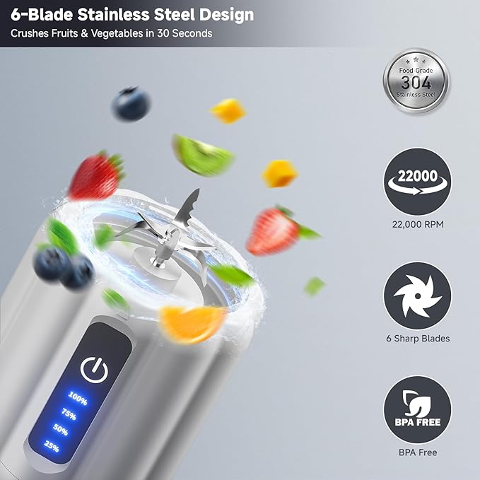 Portable Blender 17 Oz Personal Blender for Smoothies and Shakes Small Juice Mixer with LED Display USB C Rechargeable Shake Maker with 6 Blades for Kitchen Outdoor Gym White
