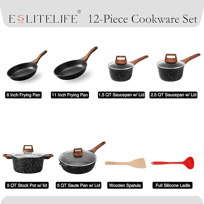 ESLITE LIFE Nonstick Cookware Sets 12 Pcs Granite Coating Pots and Pans Set Kitchen Cooking Set Compatible with All Stovetops (Gas Electric &amp Induction) PFOA Free Black