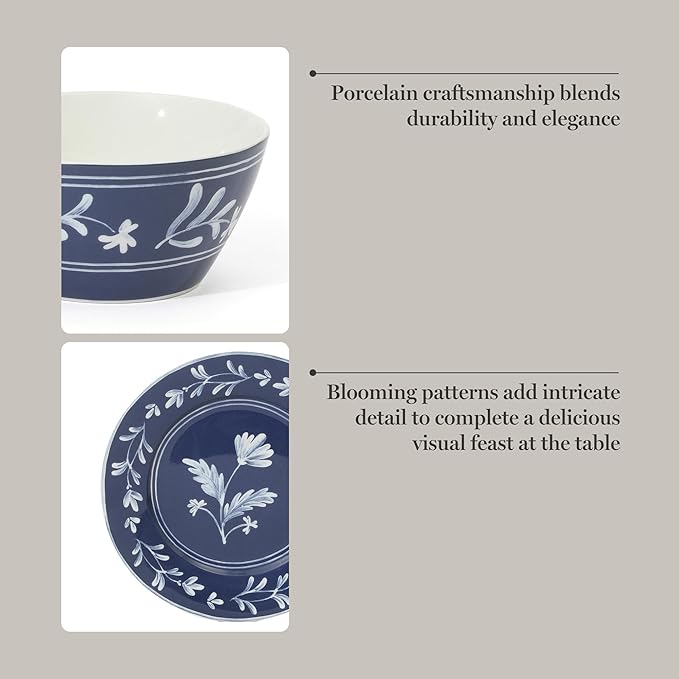 Martha Stewart Maiden Crown 12-Piece Sky Blue Dinnerware Set – New Bone China Ceramic Plates &amp Bowls – Floral Design – Service for 4 – Microwave &amp Dishwasher Safe