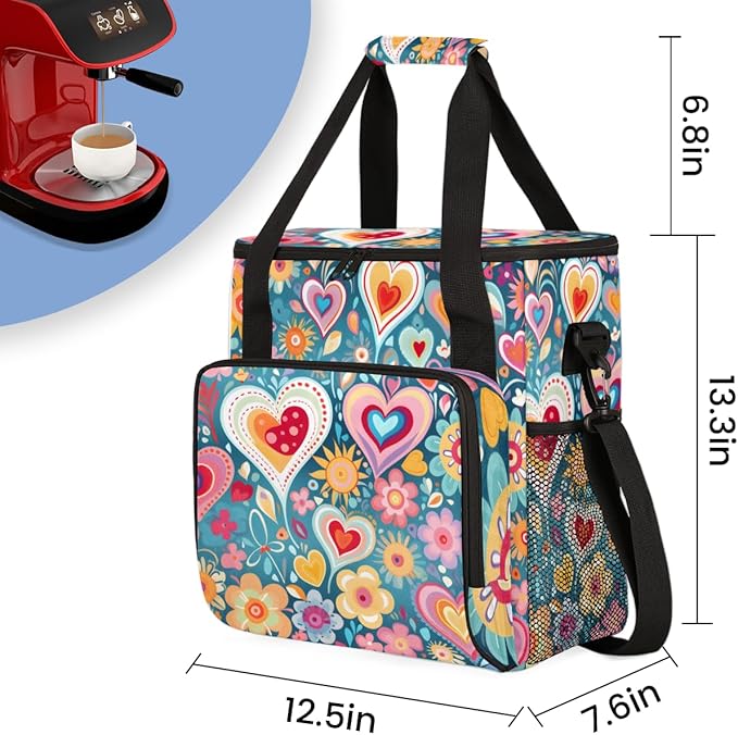 Heart mandala Flower Coffee Maker Carrying Bag Portable Travel Storage Tote Bag Compatible with K-Mini or K-Mini Plus Single Serve Coffee Brewer Carrying Case with Multiple Pockets &amp Shoulder St