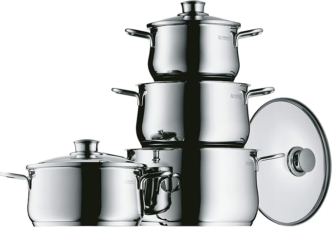 WMF Pot Set 4-Piece Diadem Plus Pouring Rim Glass Lid Cromargan® Stainless Steel Polished Suitable for Induction Hobs Dishwasher-Safe