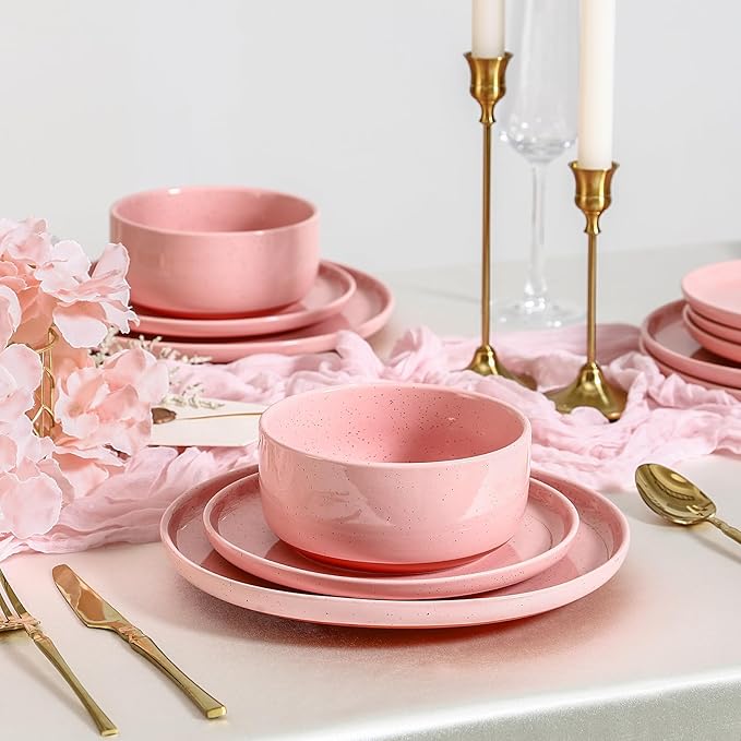 GZG Modern Art Series - 18 Pcs Speckled Stoneware Plates and Bowls Sets Ceramic Dinnerware Set with Rustic Terracotta Underside Microwave and Dishwasher Safe Handcrafted Dishes Set - Blush Pink
