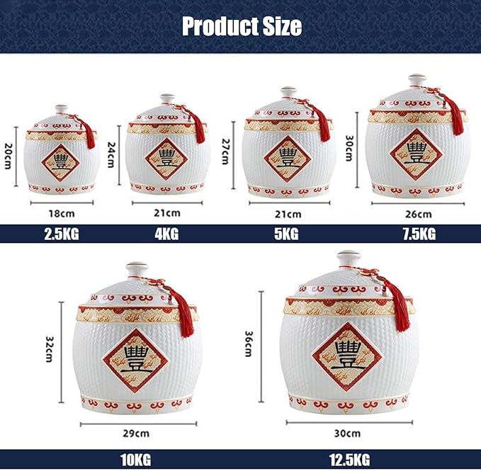 Chinese Ceramic Rice Bucket Large Grain Dispenser Food Storage Container with Lid Sealed Rice Storage Jar for Noodles Rice Snacks(30x36cm(12x14inch) F)