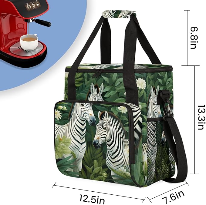 Zebra Coffee Maker Carrying Bag Palm Leaves Portable Travel Storage Tote Bag Compatible with K-Mini or K-Mini Plus Single Serve Coffee Brewer Carrying Case with Multiple Pockets &amp Shoulder Strap