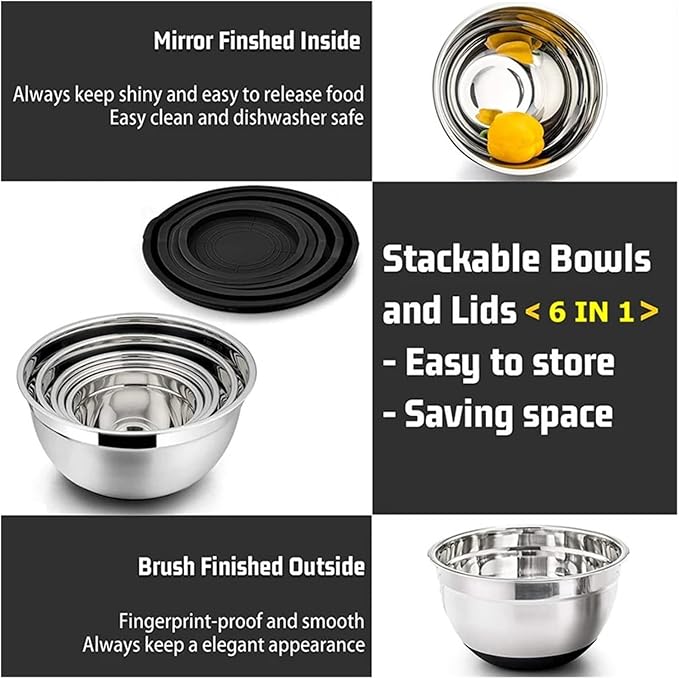 6 Pcs Mixing Bowls With Lids And Non Slip Bases Stainless Steel Set For Baking Nesting Storage