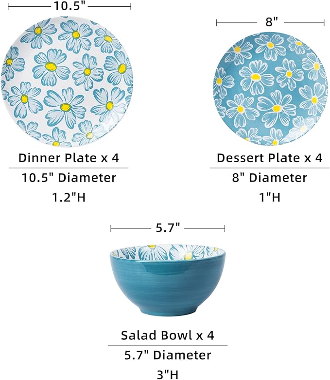 12-pieces Dinnerware Set Ceramic Dish Set Plates Sets Service for 4 Bowl Sets Stoneware Dinnerware Sets 12pcs Plate and Bowl Set for kitchen