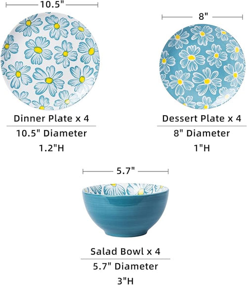 12-pieces Dinnerware Set Ceramic Dish Set Plates Sets Service for 4 Bowl Sets Stoneware Dinnerware Sets 12pcs Plate and Bowl Set for kitchen