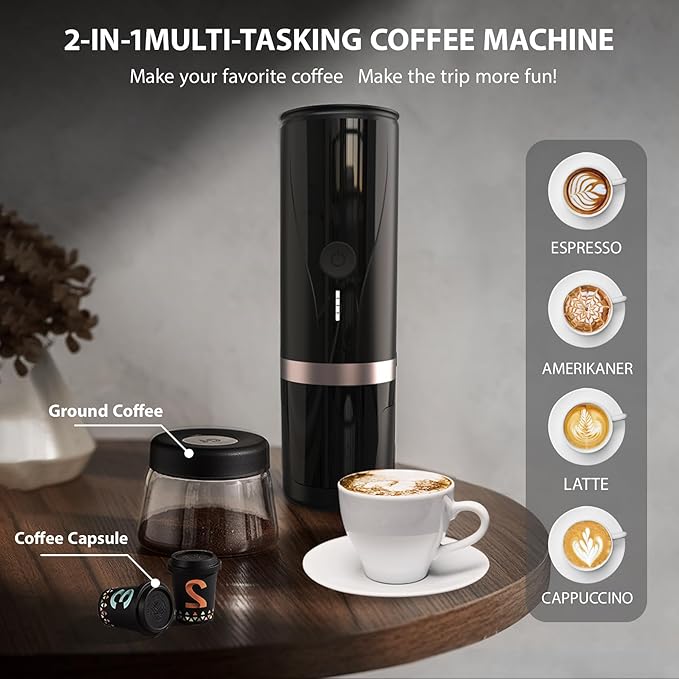 Portable Espresso Machine Self-Heating Electric Portable Espresso Maker20 Bar Mini 12V 24V Car Coffee Maker with NS Pods &amp Ground Coffee for Travel Camping Office Home(Black)