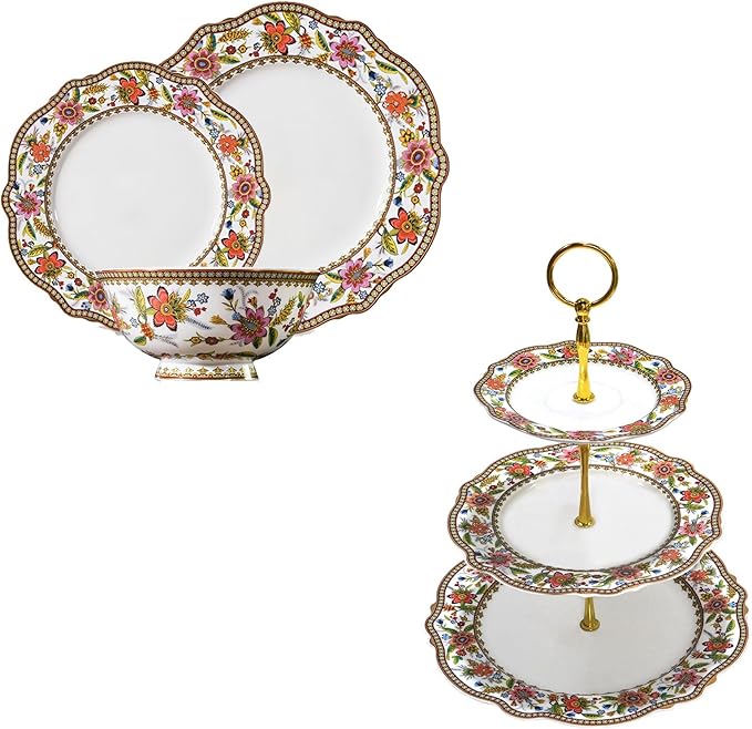 ACMLIFE Fine China Dinnerware Sets for 4 3 Tier Cupcake Stands for Dessert Table