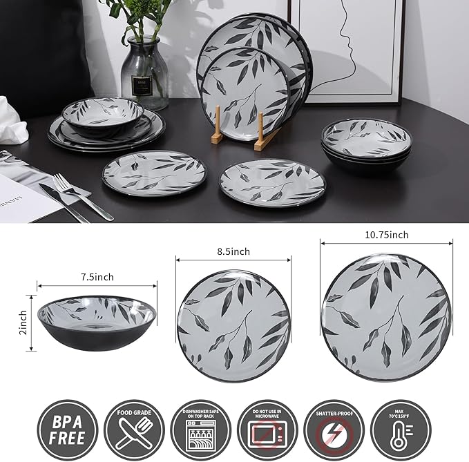 12pcs Melamine Dinnerware Set - Service for 4 Melamine Plates and Bowls Set Unbreakable Dinner Salad Dessert Plate Cereal Bowl Set for Indoor/Outdoor Gray Leaf