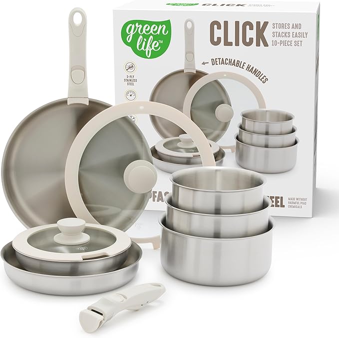 GreenLife 10 Piece Stainless Steel Pots and Pans Detachable &amp Stackable Kitchen Set Tri Ply Clad PFAS Free Cookware Space Saving with Removable Handle Induction &amp Oven Safe RV Cookware G