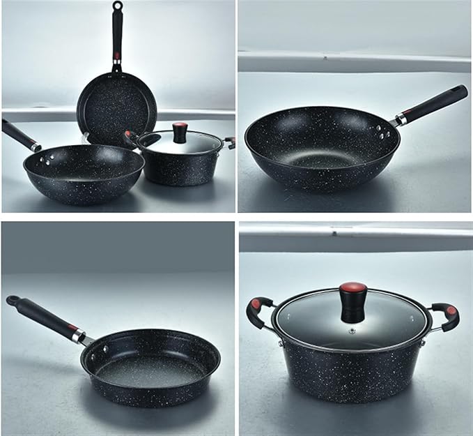3-Piece Wrought Iron Cookware Set – Medical Stone Non-Stick Wok Frying Pan &amp Soup Pot with Glass Lid for Gas Stoves