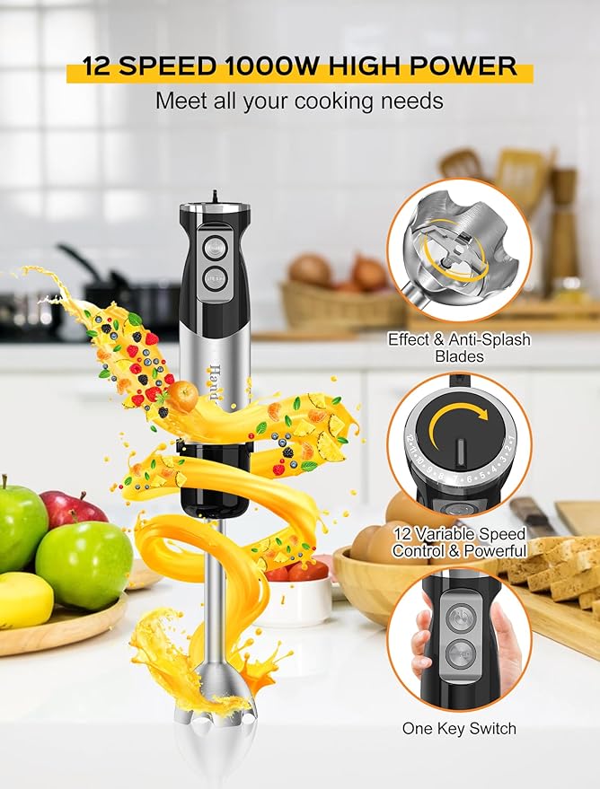 Handor 6-in-1 Hand Immersion Blender 1000W 12 Speed Handheld Blender with 600ml Beaker 500ml Chopper Egg Whisk Milk Frother Stainless Steel Blades for Soup Smoothie Puree