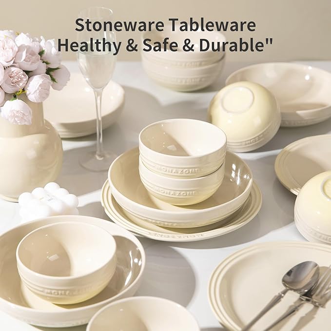12-Piece White Ceramic Dinnerware Set - Monazone Series Service for 4 Includes Bowls &amp 8''/9'' Plates Glossy Finish