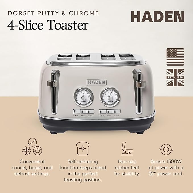 Haden Dorset 4-Slice Wide-Slot Toaster Stainless-Steel Bread Toaster with Adjustable Browning Control Crumb Tray &amp Non-Slip Feet Putty &amp Chrome