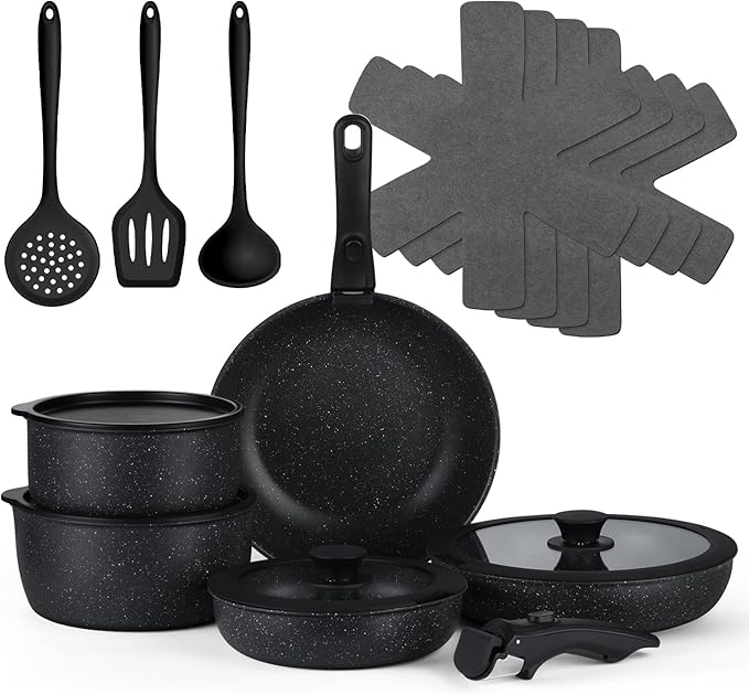 Vesteel 18Pcs Pots and Pans Set Nonstick Cookware Set with Detachable Handle Stackable RV Kitchen Cooking Utensils Set Black