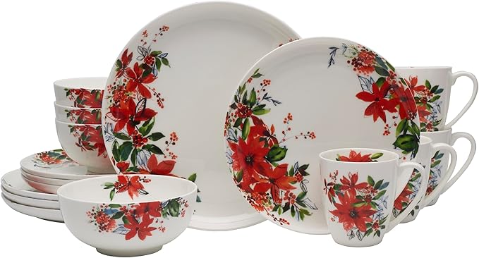 Mikasa Winter Poinsettia Holiday Bone China Lightweight Chip Resistant Dinnerware Set Service for 4