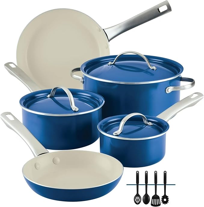 12 Piece Ceramic Nonstick Cookware Set Aluminum Pots and Pans with Stainless Steel Handles Dishwasher Safe Oven Safe up to 500°F Blue