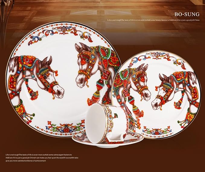 European Style Dinnerware Set Service for 6 Bone China Dinnerware Sets Unbreakable Porcelain Dinner Sets Coffee Cup and Saucer Tableware Set Steak Dinner Plates Dish Set Triumph Horse-4