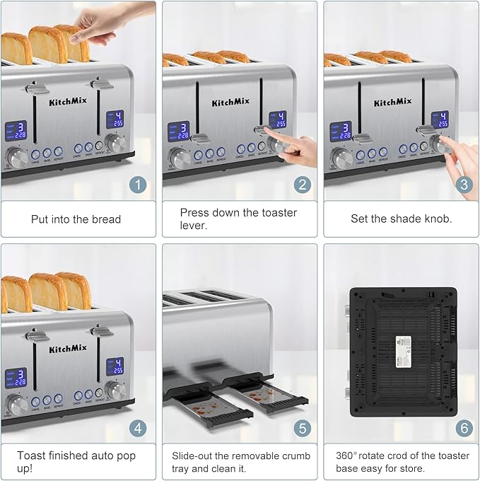 Toaster 4 Slice KitchMix Bagel Stainless Toaster with LCD Timer Extra Wide Slots Dual Screen Removal Crumb Tray (Stinless steel)