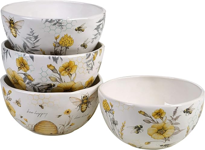 Bee Sweet 16-Piece Ceramic Dinnerware Set – Service for 4 Farmhouse Bee and Floral Design Includes 4 Dinner Plates 4 Salad Plates 4 Bowls 4 Large Mugs – Microwave &amp Dishwasher Safe