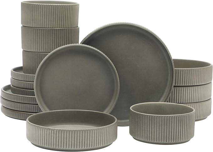 Gibson Elite Deerfield 16-Piece Stoneware Dinnerware Set – Soft Grey Reactive Glaze Stackable Plates and Bowls Service for 4 – Microwave &amp Dishwasher Safe