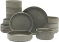 Gibson Elite Deerfield 16-Piece Stoneware Dinnerware Set – Soft Grey Reactive Glaze Stackable Plates and Bowls Service for 4 – Microwave &amp Dishwasher Safe