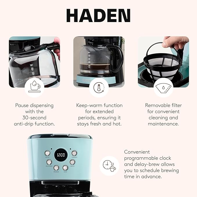 Haden Coffee Machine 12 Cup Programmable Drip Coffee Maker with Auto Shut-Off Function and Reusable Washable Water Filter Turquoise &amp Chrome