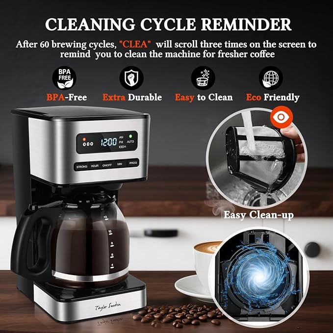 Taylor Swoden Programmable Coffee Makers 12 Cup Hot and Iced Coffee Maker 4 Brew Strength LED Display 24H Timer Keep Warm&ampAuto Shutoff- Drip Coffee Machine for Home/Office Black &ampStainle