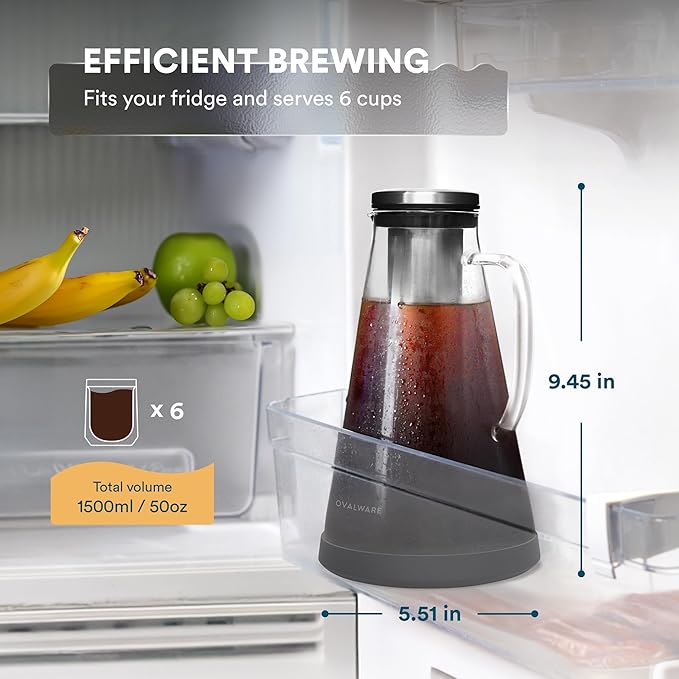 OVALWARE Airtight Cold Brew Iced Coffee Maker Pitcher (&amp Iced Tea Maker) with Spout – 1.5L/ 51oz Brewing Glass Carafe with Removable Stainless Steel Filter