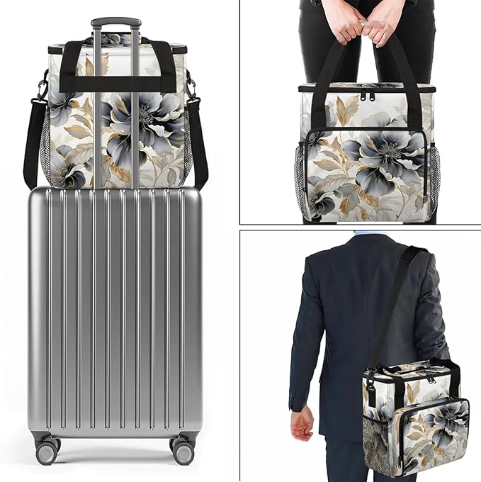 Gray Gold Marble Floral Coffee Maker Carring Bag Large Insulated Storage Organizer Case Tote Bags with Shoulder Strap for Travel Work Picnic
