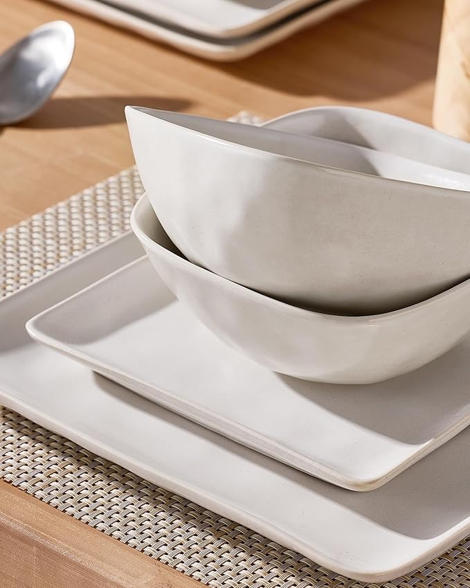 Famiware Dinnerware Sets for 4 Ocean Square 12-Piece Kitchen Plates and Bowls Sets Microwave and Dishwasher Safe Scratch Resistant Matte White
