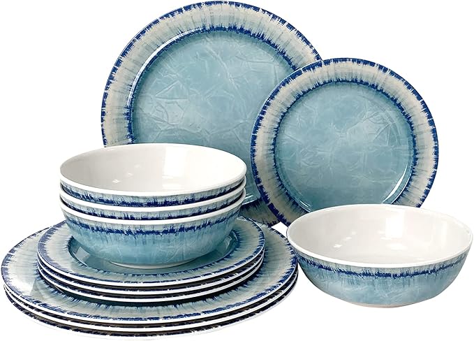 AELS Melamine Dinnerware Set of 12 Pcs Dinner Dishes Set for Indoor and Outdoor Use Dishwasher Safe Lightweight Unbreakable BPA Free Light Blue