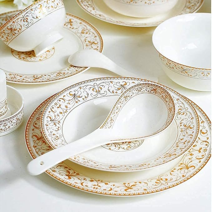 Porcelain Dinnerware Sets Plates and Bowls Sets Decorative Gold Floral Dinnerware Porcelain Plates and Bowls Sets Unique Dish Set for Ever