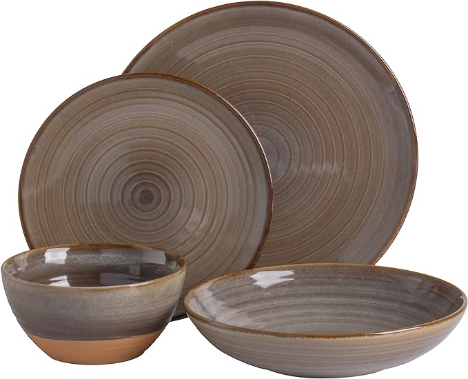 Gibson Elite 16 Piece Dreamweaver Double Bowl Terracotta Reactive Dinnerware Set - Earthy Brown Service for 4 (16pcs)