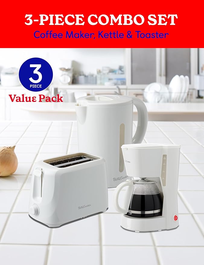 Betty Crocker 3-Piece Kitchen Appliances Set: 5-Cup Automatic Drip Coffee Maker 1.7L Electric Kettle &amp 2-Slice Toaster STRIX Technology Kettle Cool Wall Housing BC-4995W White