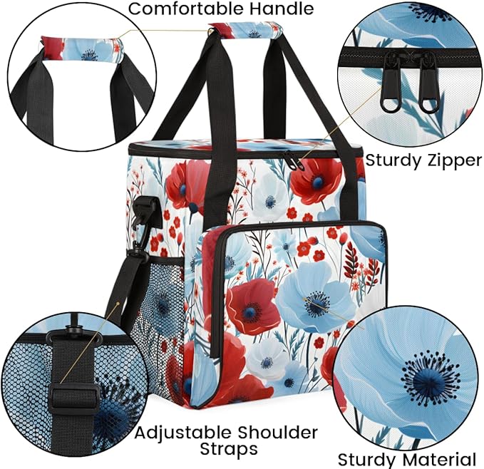 RED BLUE FLOWER Coffee Maker Carrying Bag Portable Travel Storage Tote Bag Compatible with K-Mini or K-Mini Plus Single Serve Coffee Brewer Carrying Case with Multiple Pockets &amp Shoulder Strap